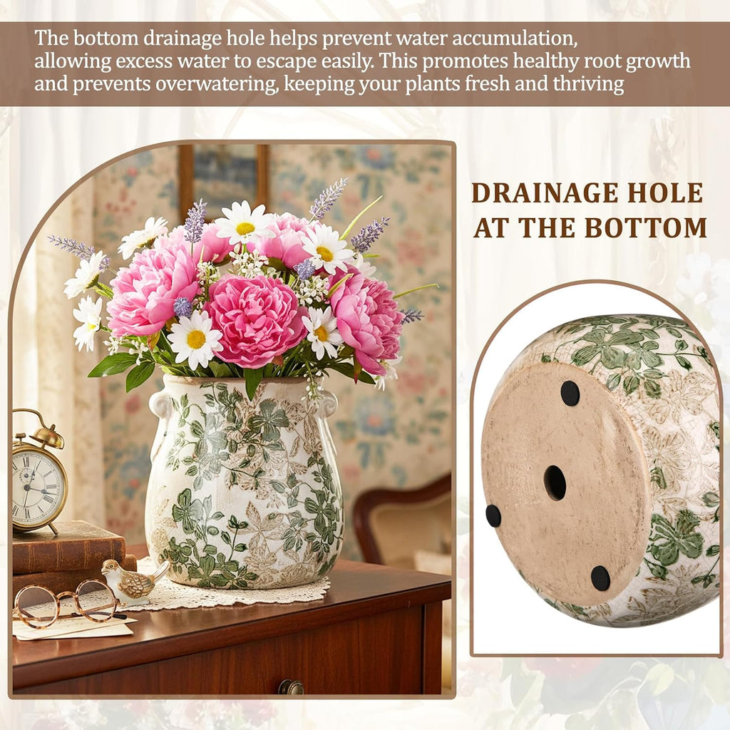 Ceramic Scroll Planter 6.5 Inch Chinoiserie Floral Vase with Drainage Holes Vintage Flower Vase Flower Pot Rustic
