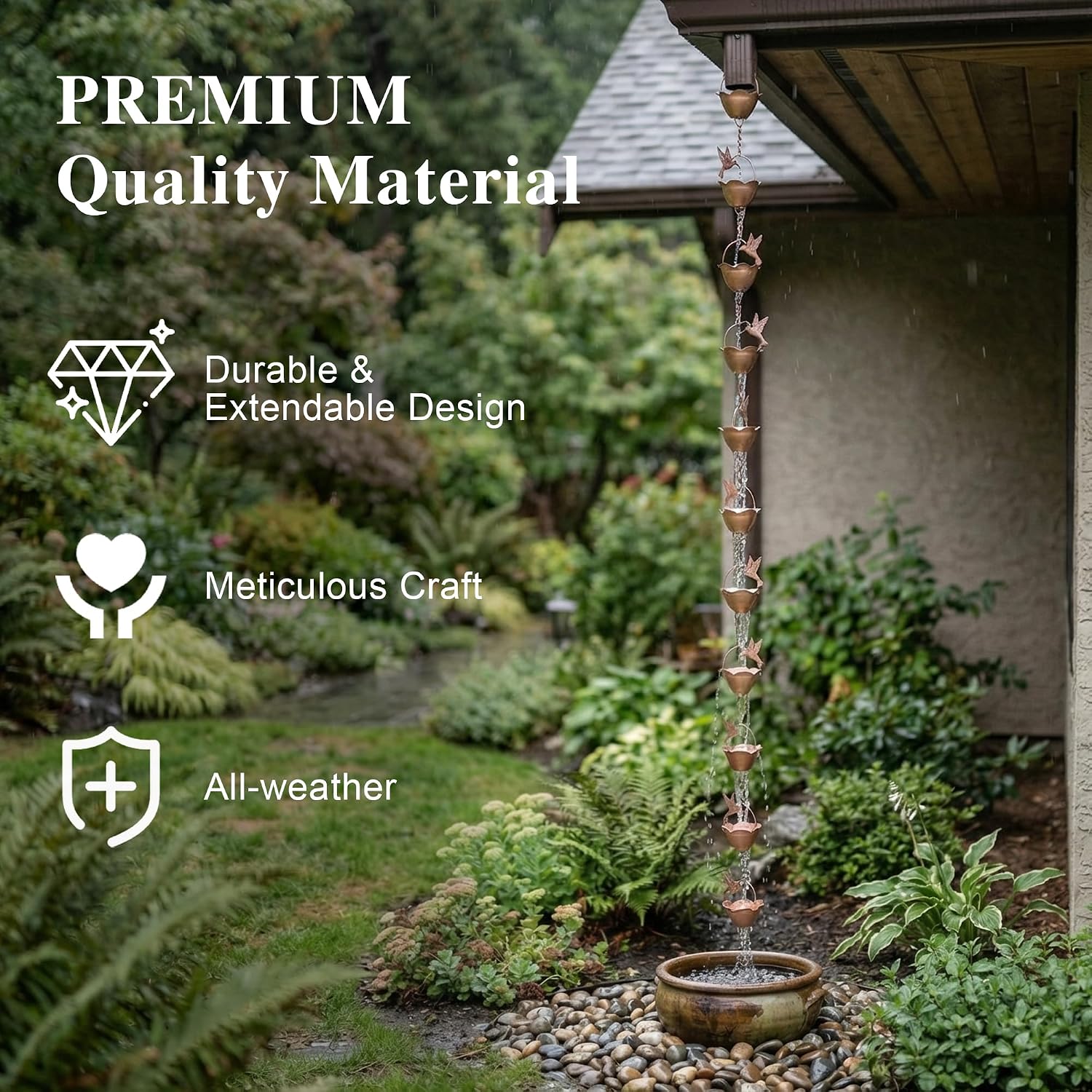 8.5FT Hummingbird Lotus Rain Chain for Gutters, Metal Rain Chain | 12 Cups, Adjustable Rain Catcher Chain with Bell for