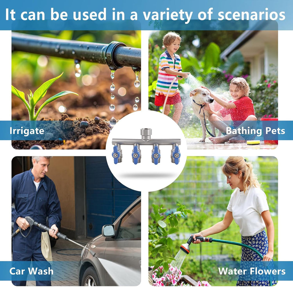 304 Stainless Steel Garden Hose Splitter 4 Way Heavy Duty, Full Flow T Valve Water Hose Splitter With 2.1" Extra Long