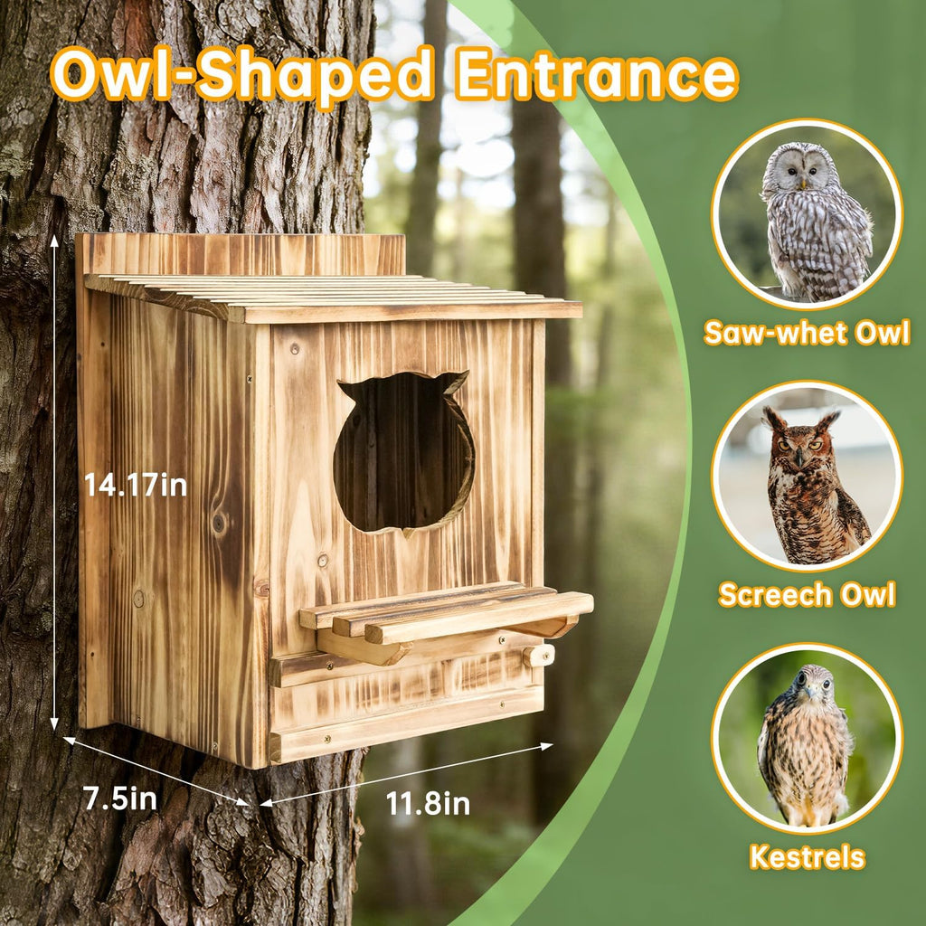 Owl Nesting Box for Outside 14.2×12×7.5 Inch Screech Owl House Bird House | Owl-Shaped Entrance, Wooden Bird Box, Easy