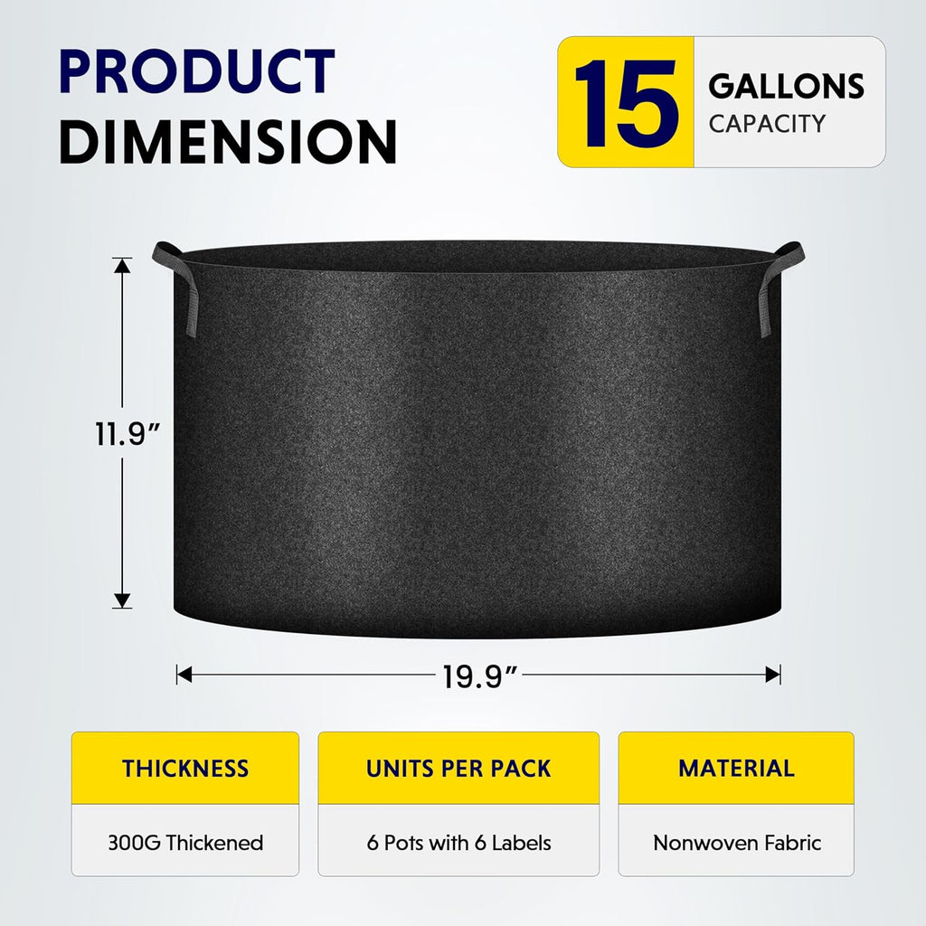 iPower Plant Grow Bag 15 Gallon 6-Pack Heavy Duty Fabric Pots, 300g Thick Nonwoven Fabric Containers Aeration with