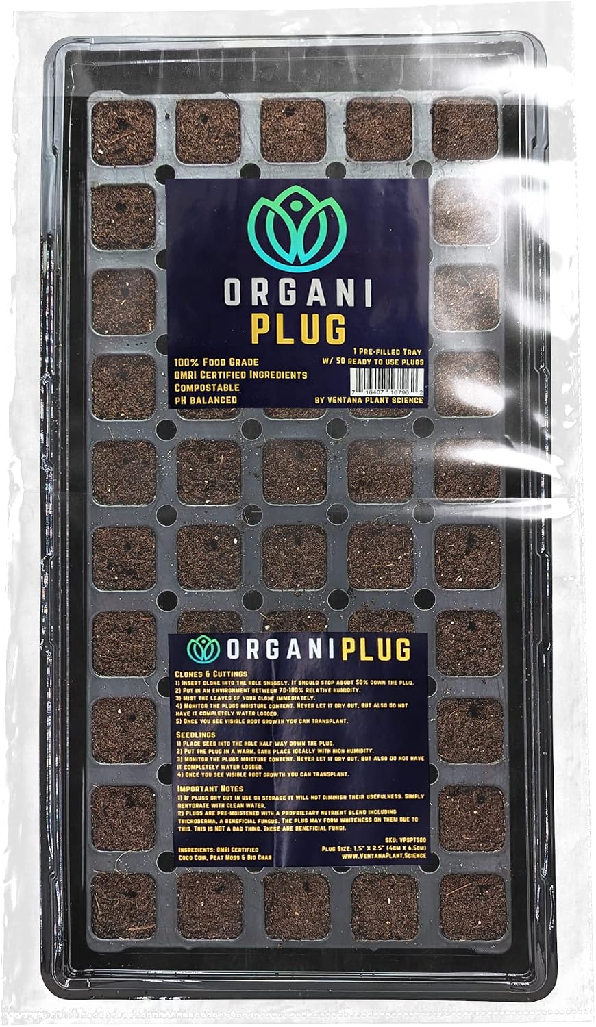 VPS OrganiPlug Hydroponic Seed Starter Plugs, 50 pcs in 1 Prefilled Tray, Rapid Root Planting Pods for Seedling, Clone