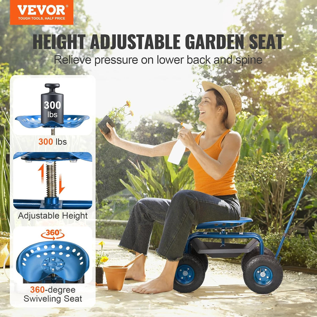 VEVOR Garden Cart Rolling Workseat with Wheels, Gardening Stool for Planting, 360 Degree Swivel Seat, Wagon Scooter