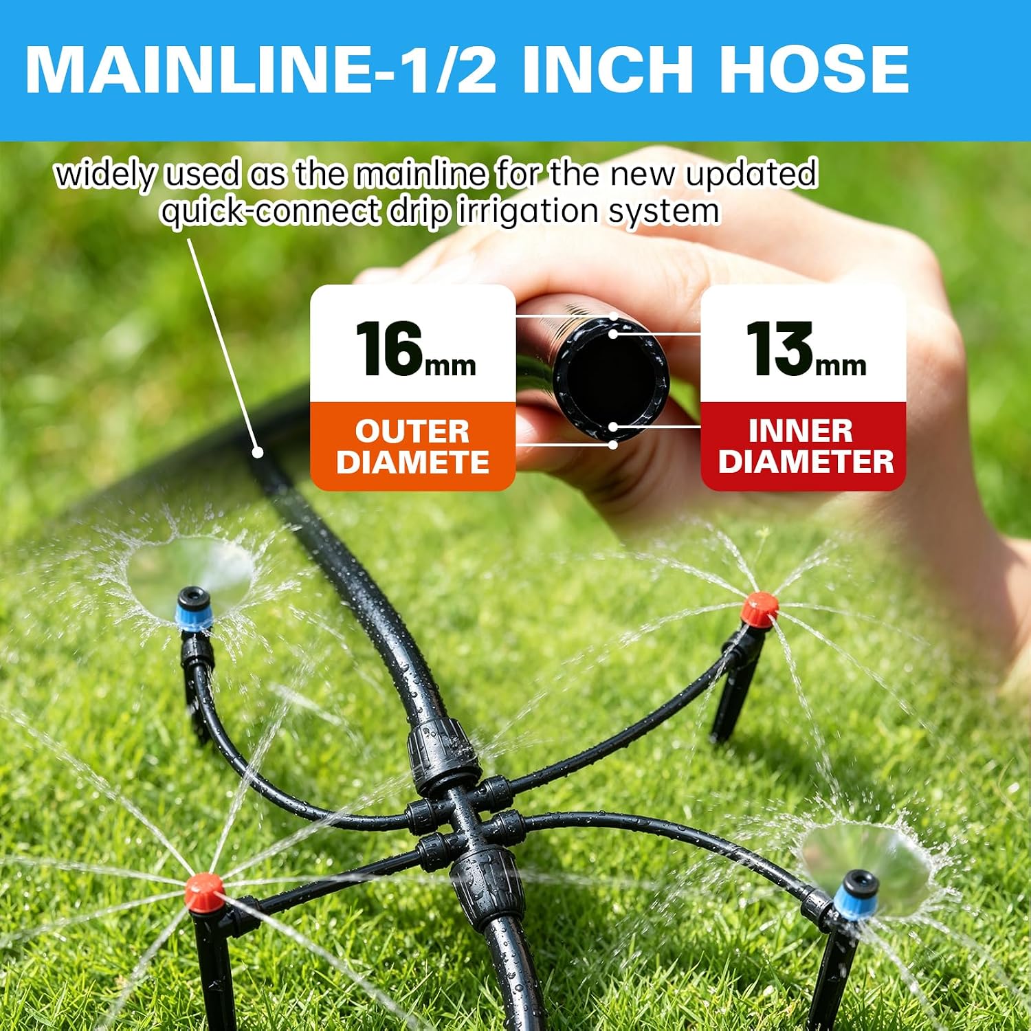 50 FT 1/2 Inch Drip Irrigation Tubing Main Line Hose Tube for Irrigation System Expansion (Includes 6-Way