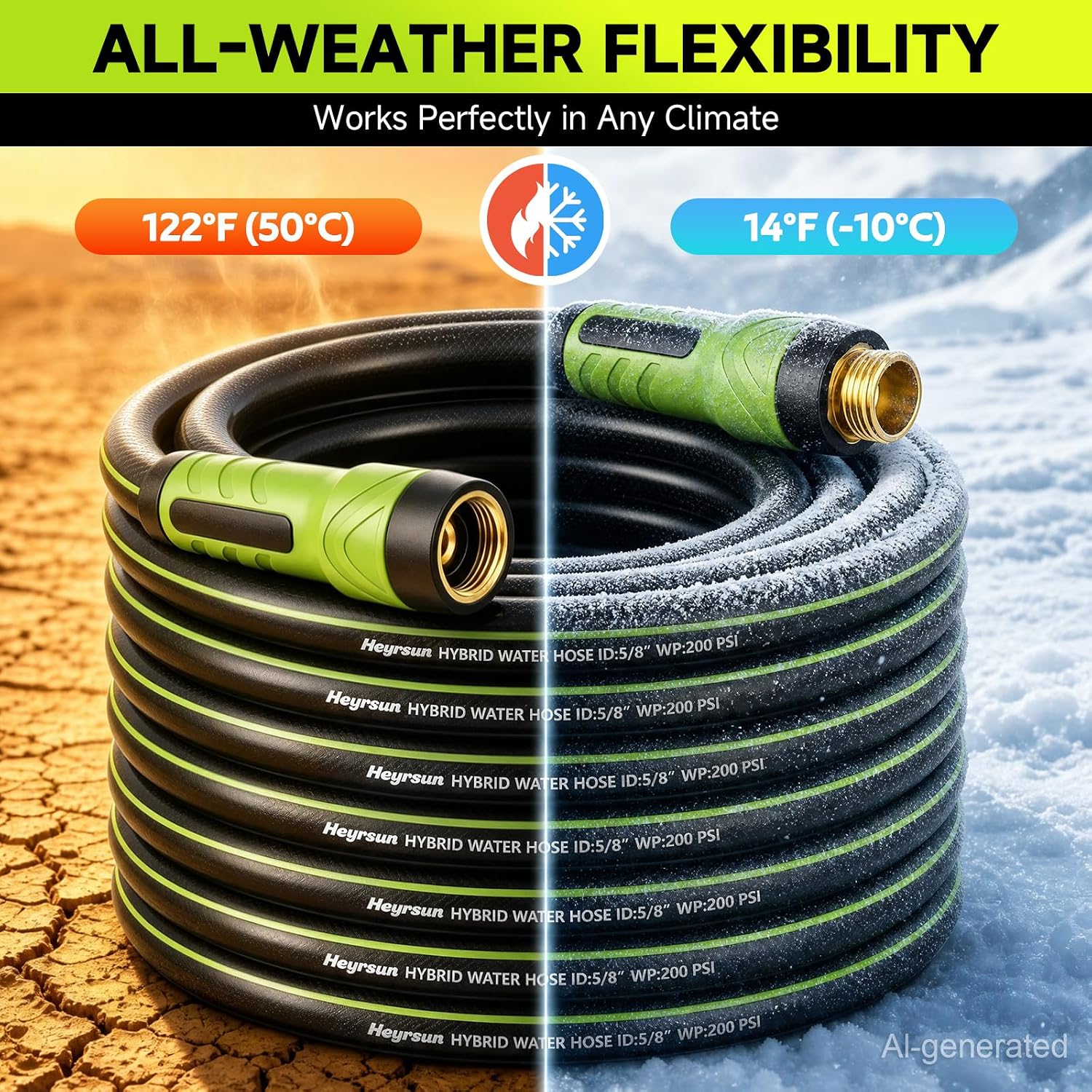 Garden Hose 50ft x 5/8", NON-EXPANDABLE Water Hose Heavy Duty, Flexible, Lightweight, Kink Resistant & Outside Hybrid