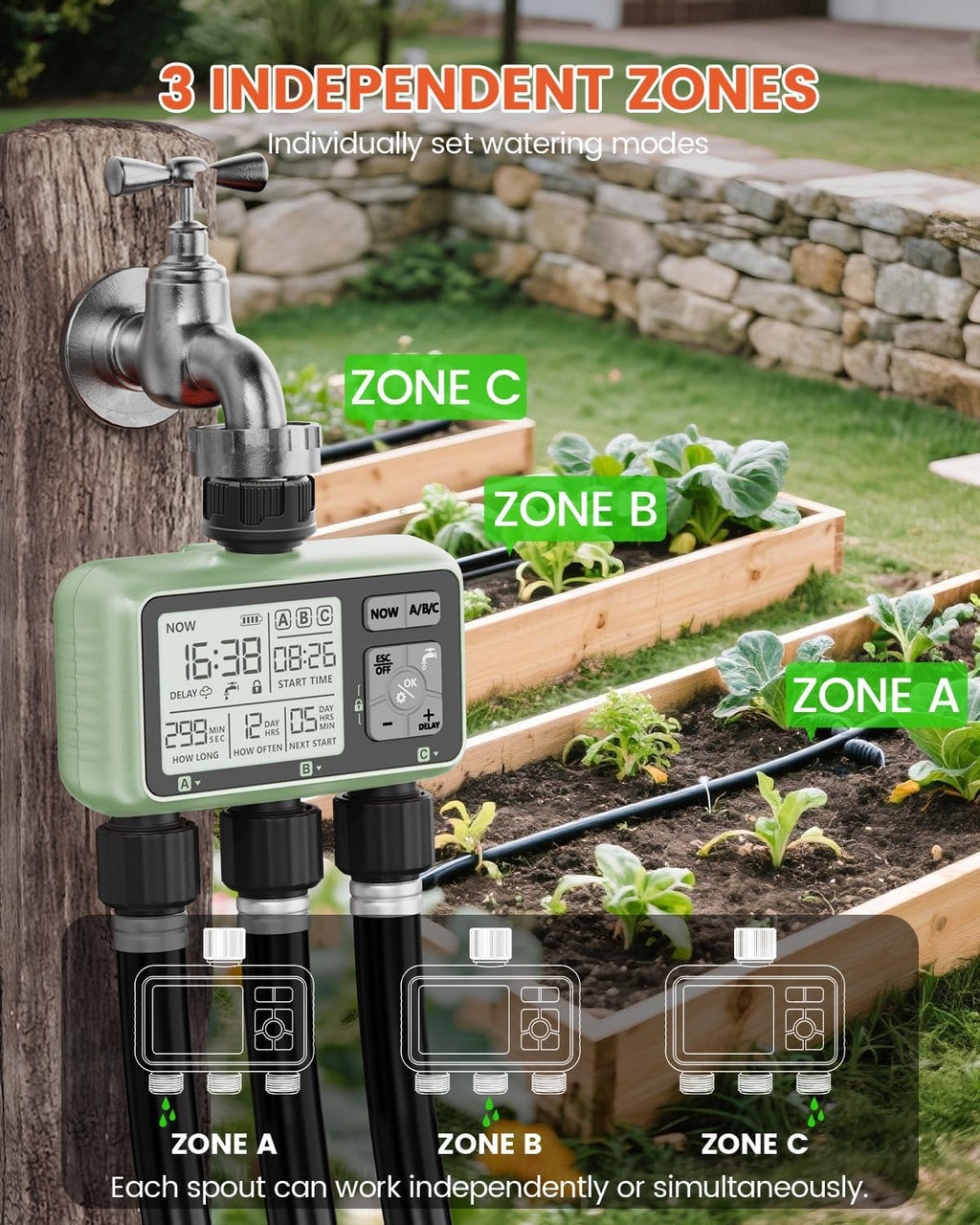 3 Zone Sprinkler Timer, Programmable Water Timer for Garden Hose | 3 independent zones, programmable watering, rain