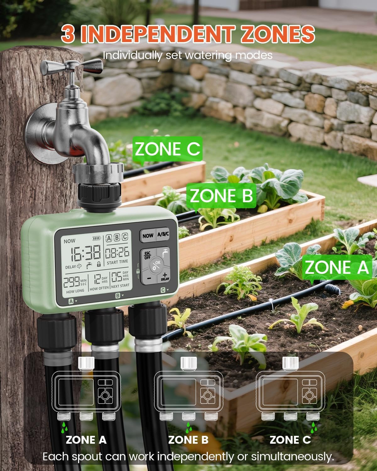 3 Zone Sprinkler Timer, Programmable Water Timer for Garden Hose | 3 independent zones, programmable watering, rain