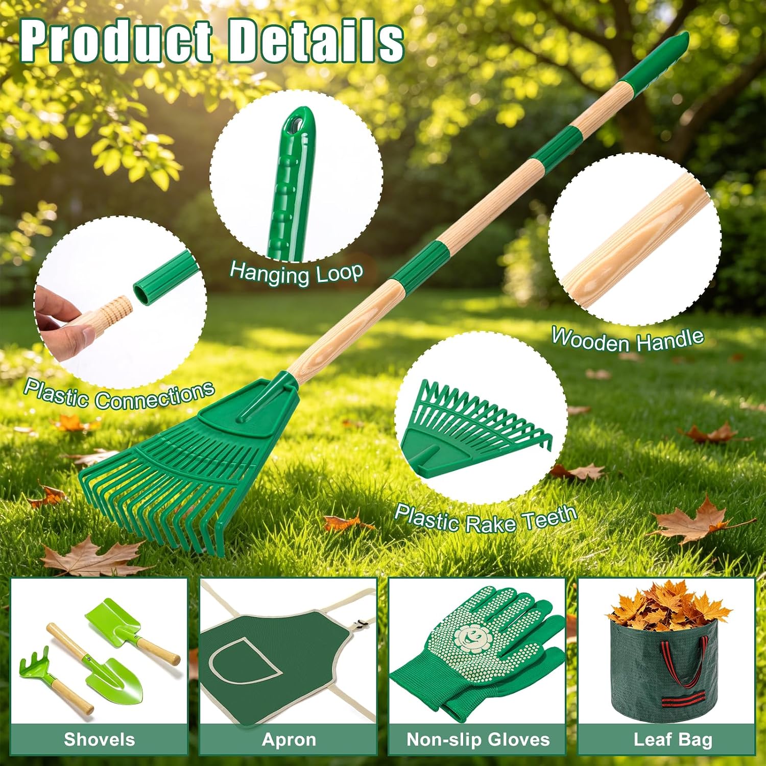 10Pcs Kids Adjustable Garden Leaf Rake Set, with Bag & 3 Hand Tools | 25-34"Adjustable Plastic Rake, Detachable