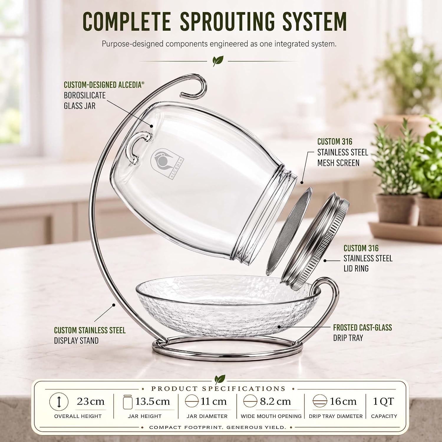 Premium Sprouting Jar Kit - Unique 30 oz Wide Mouth Sprouting Jar, Stand, Tray and 316 Stainless Screen Lid