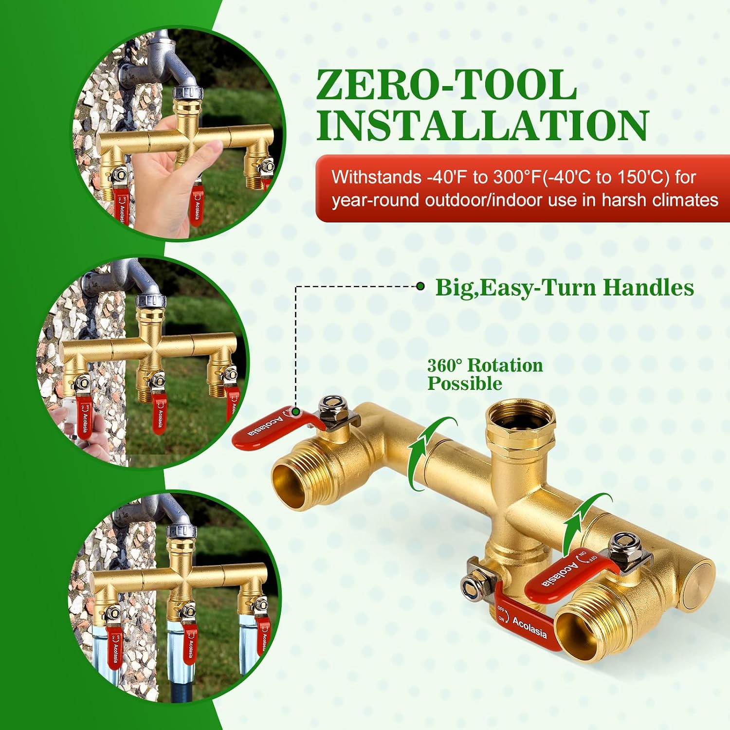 Hose Splitter 3 Way Heavy Duty Brass Garden Hose Splitter with 360° Rotatable, 304 Stainless Steel Long Handle Outdoor