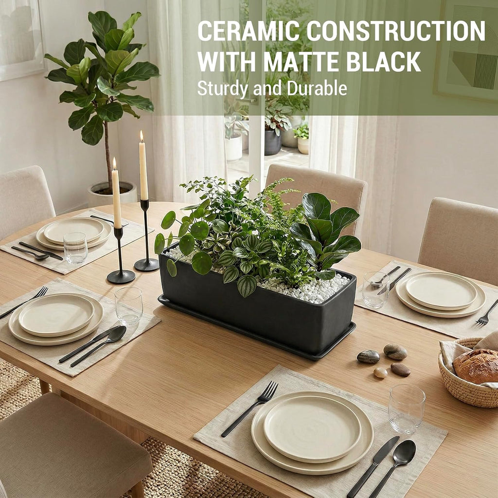 MyGift 14 Inch Matte Black Ceramic Rectangular Succulent Planter | Decorative Flower Planter with Drainage Hole and