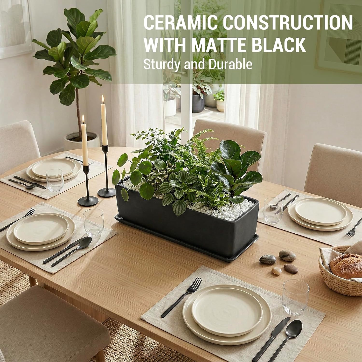 MyGift 14 Inch Matte Black Ceramic Rectangular Succulent Planter | Decorative Flower Planter with Drainage Hole and