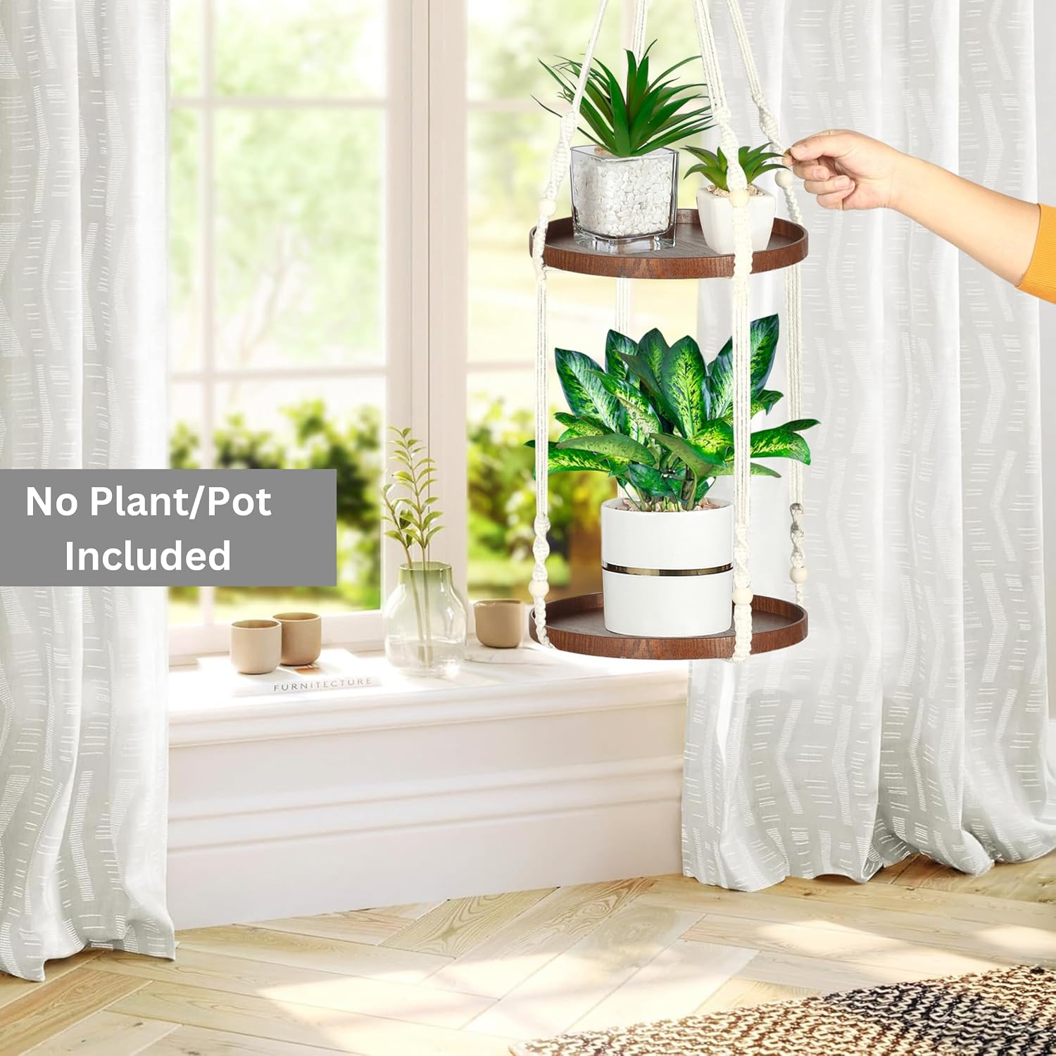 2 Tier Macrame Plant Hanger, Hanging Plant Shelf (12") | Plant Hanger Indoor, Hanging Planter, Hanging Planter Shelf