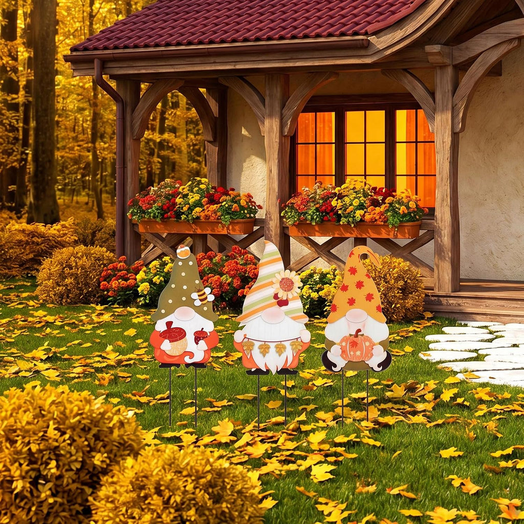 3 Pcs Fall Gnome Stakes Metal Autumn Garden Decor for Outside | Yard Signs Outdoor Decor Harvest Welcome for