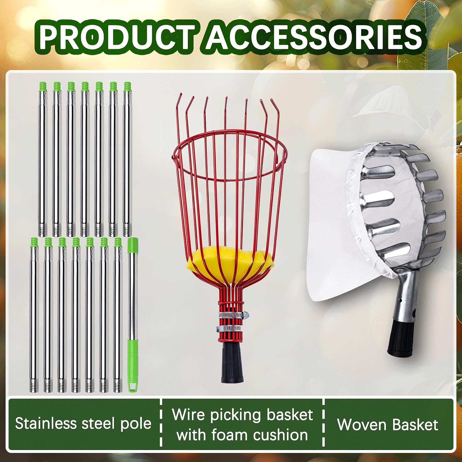 20 Ft Fruit Picker with Wire Basket and Bag Basket,Adjustable Stainless Steel Fruit Picker Pole with Universal Thread