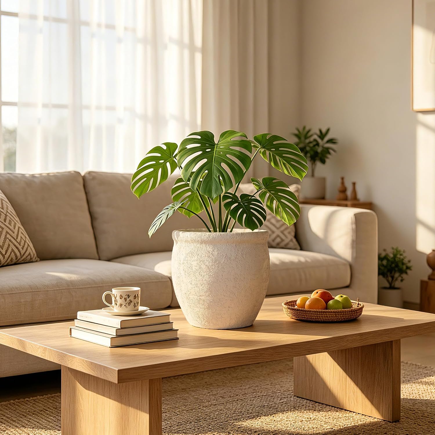 9" Dia Fiberstone Planter – Modern Farmhouse Indoor/Outdoor Flower Pot, Beige Decorative Plant Pot with Grainy Matte