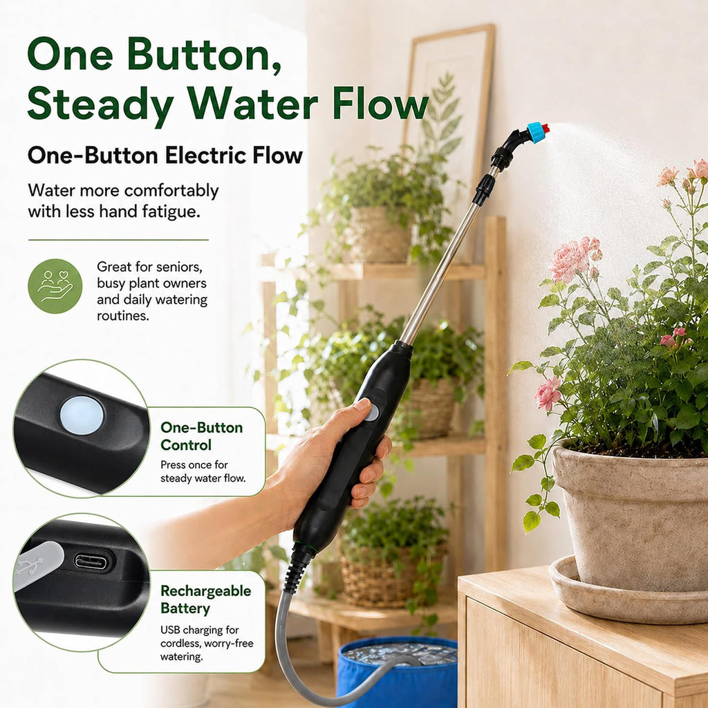 Electric High Reach Plant Waterer with Foldable Bucket, Telescoping Wand | Foldable Bucket, Long Intake Hose - Portable