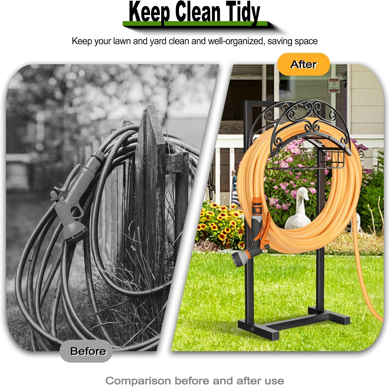 Gayuteay Garden Water Hose Holder with Storage Basket for Outside | Holds 151ft Heavy Duty Freestanding Hose Reel