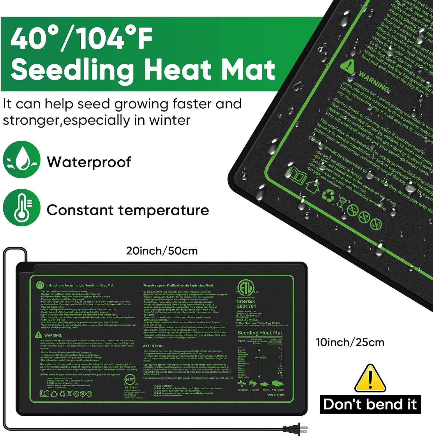 40-Cell Seed Starter Tray with Grow Light, Heat Mat, Humidity Dome | Waterproof Seedling Heat Mat, Heated Seed Starter