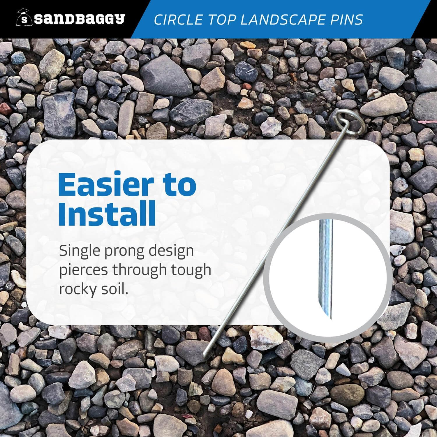 Sandbaggy 12 Inch Rust-Free Circle Top Pins | Industrial Grade 8 Gauge Galvanized Steel | Great for Hard & Rocky Soil