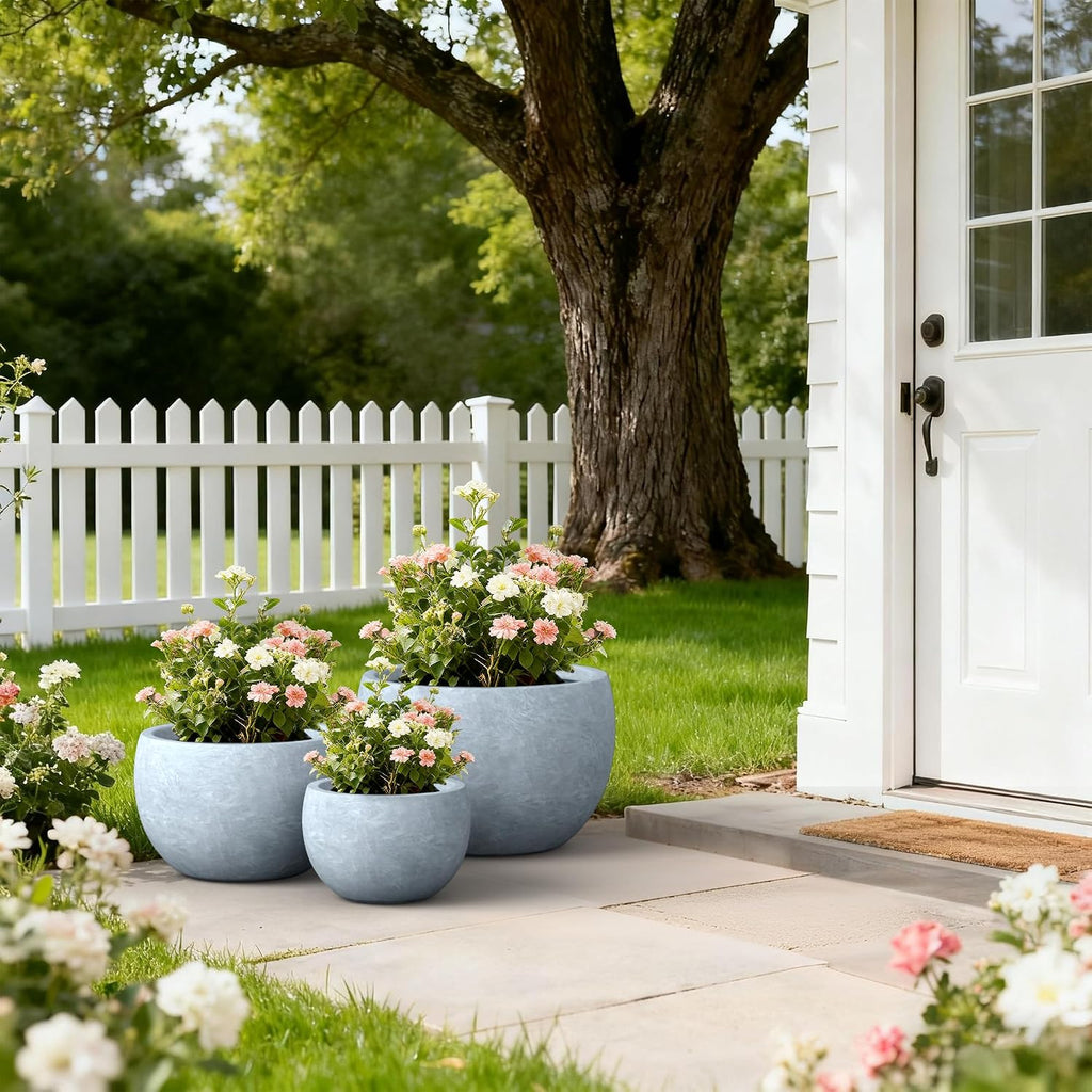 Kante Set of 3 Blue Gray Concrete Bowl Planters 20" 15.7" 11.8" Dia | Drainage for Outdoor, Rubber Plug for Indoor