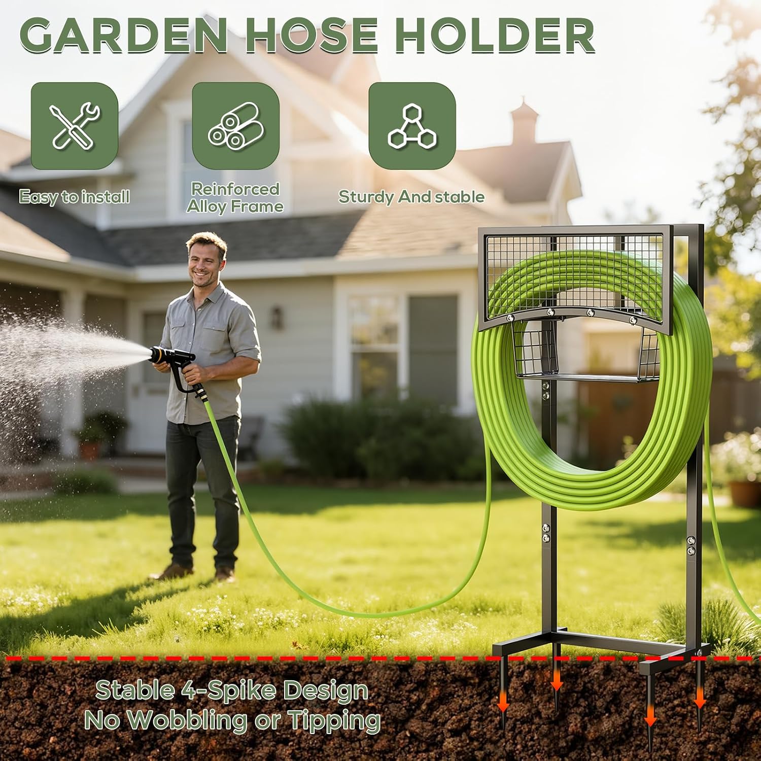 Garden Hose Holder Freestanding with Storage Basket, Holds Up to 165FT Hose, Heavy Duty Metal Water Hose Holder with 4