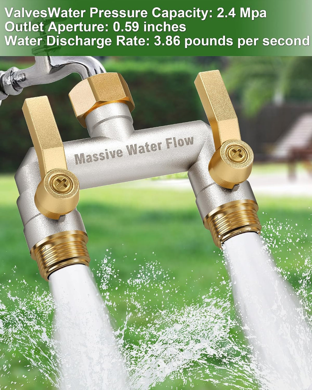 Hose Splitter 2 Way Heavy Duty, Full Flow Solid Brass Nickel Plated Garden Hose Splitter, Spigot Splitter Valve with