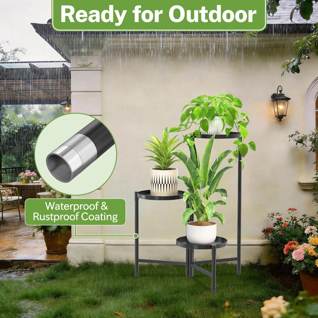 iDavosic.ly 3 Tier Large Plant Stand Indoor Outdoor, 10 In Wide Tray, Black | Tiered Metal Corner Heavy Duty Multiple