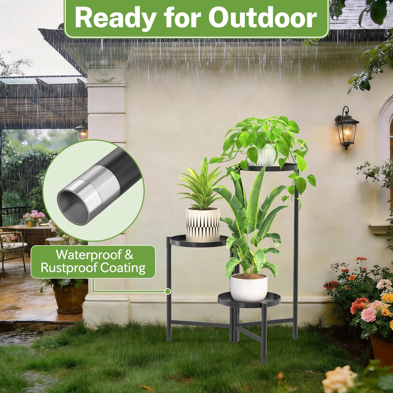 iDavosic.ly 3 Tier Large Plant Stand Indoor Outdoor, 10 In Wide Tray, Black | Tiered Metal Corner Heavy Duty Multiple