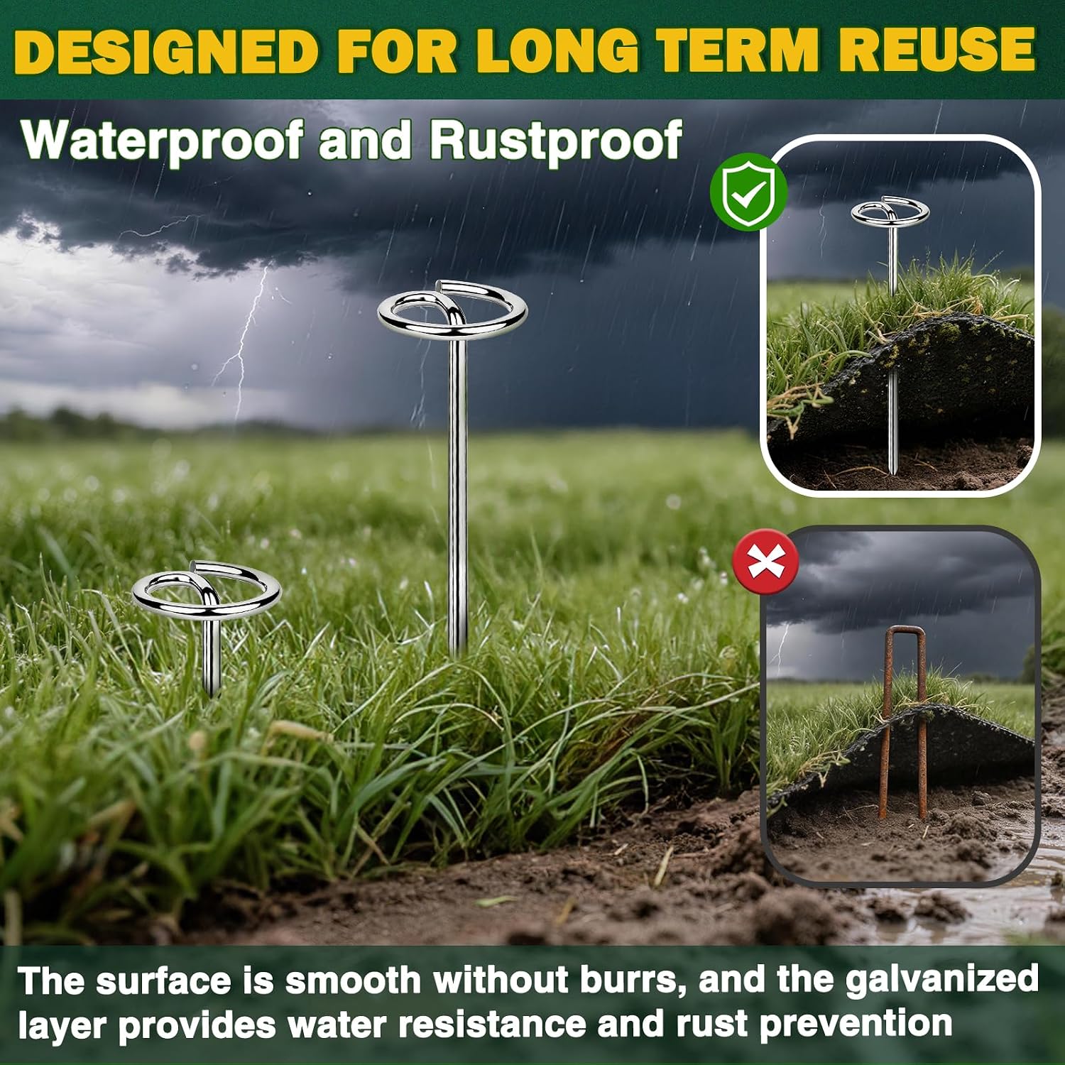 150 PCS Landscape Fabric Staples Stakes, Larger Circle Top Pin 4MM | Heavy Duty Thickened 8 Gauge, 1.5 Inch Circle Top