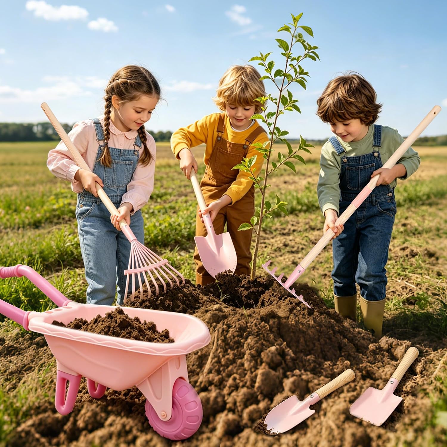 Kids Gardening Set with Wheelbarrow Birthday Gifts | Metal Kid Gardening Tools Set with Long Handle Tool, Hand Tool &