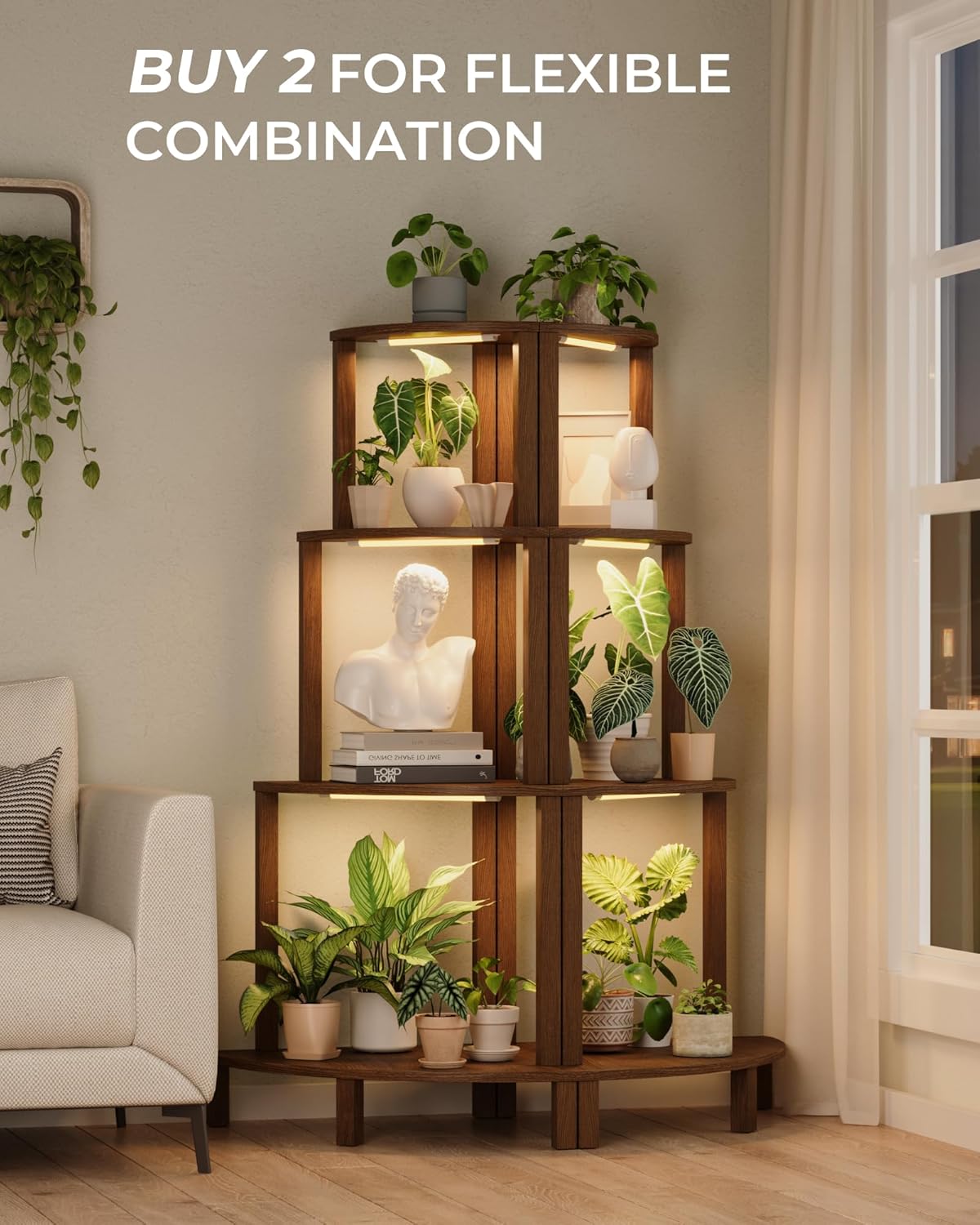 Bamworld Corner Plant Stand with Grow Lights 4-Tier Plant Stand Indoor Wood Plant Stand with Grow Light Tall Shelves