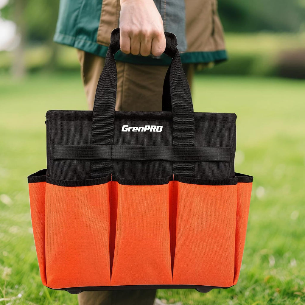 GRENPRO Garden Tool Bag, 10 Pockets, Adjustable Shoulder Strap, Orange | Heavy-duty gardening organizer tote stands