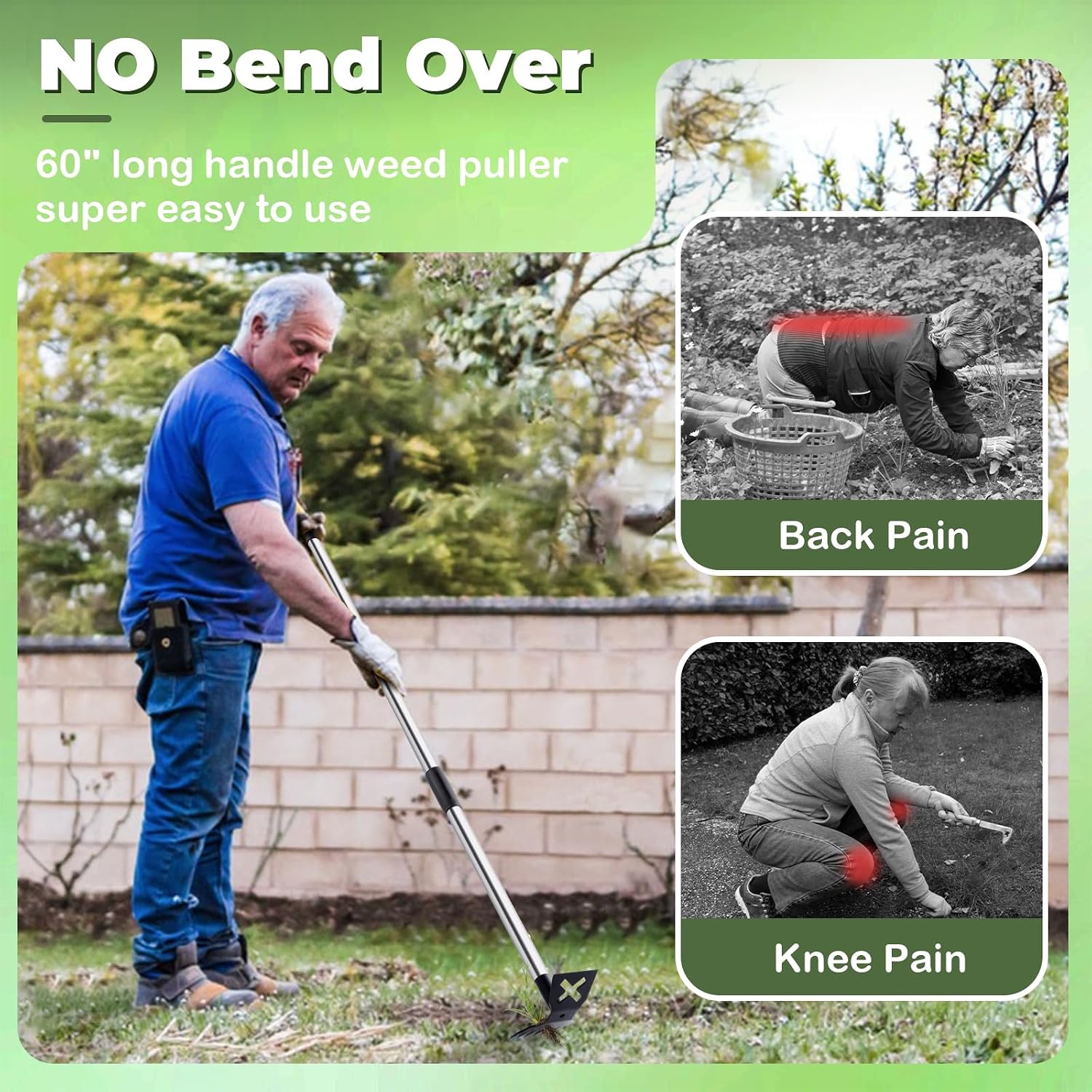 Weed Puller Tool with Long Handle, 60" Garden Weeding Tool | 2 in 1 Hoe and Weed Rake, Heavy Duty Steel Weeder, Manual