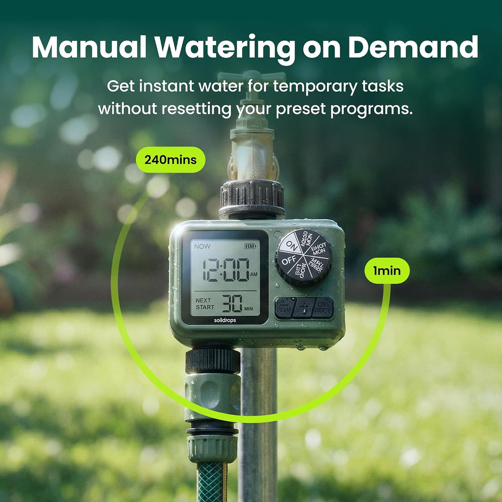 Garden Hose Sprinkler Timer 1 or 2 Outlet Programmable Controller | Self-cleaning valve, rain delay, auto-off, IPX5