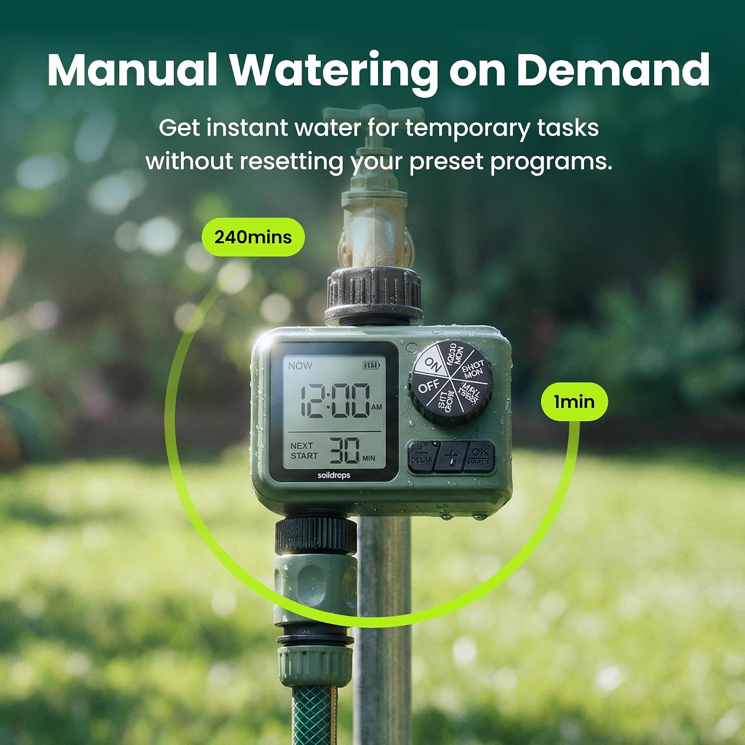 Garden Hose Sprinkler Timer 1 or 2 Outlet Programmable Controller | Self-cleaning valve, rain delay, auto-off, IPX5