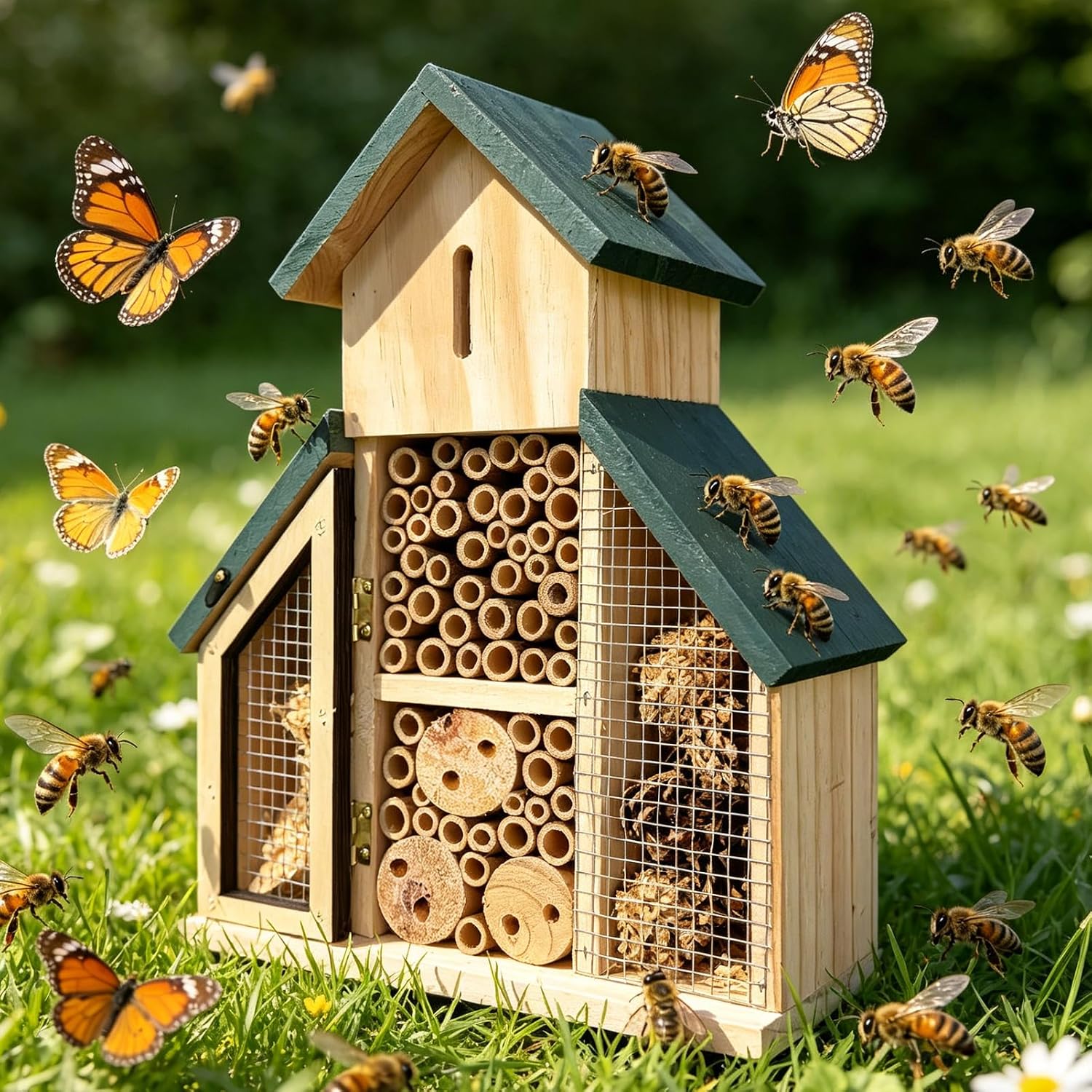 Hanging Bee House 9.5 * 3.7 * 13inch – Wooden Insect House Outdoor Solitary Bee Hive for Garden, Natural Beneficial