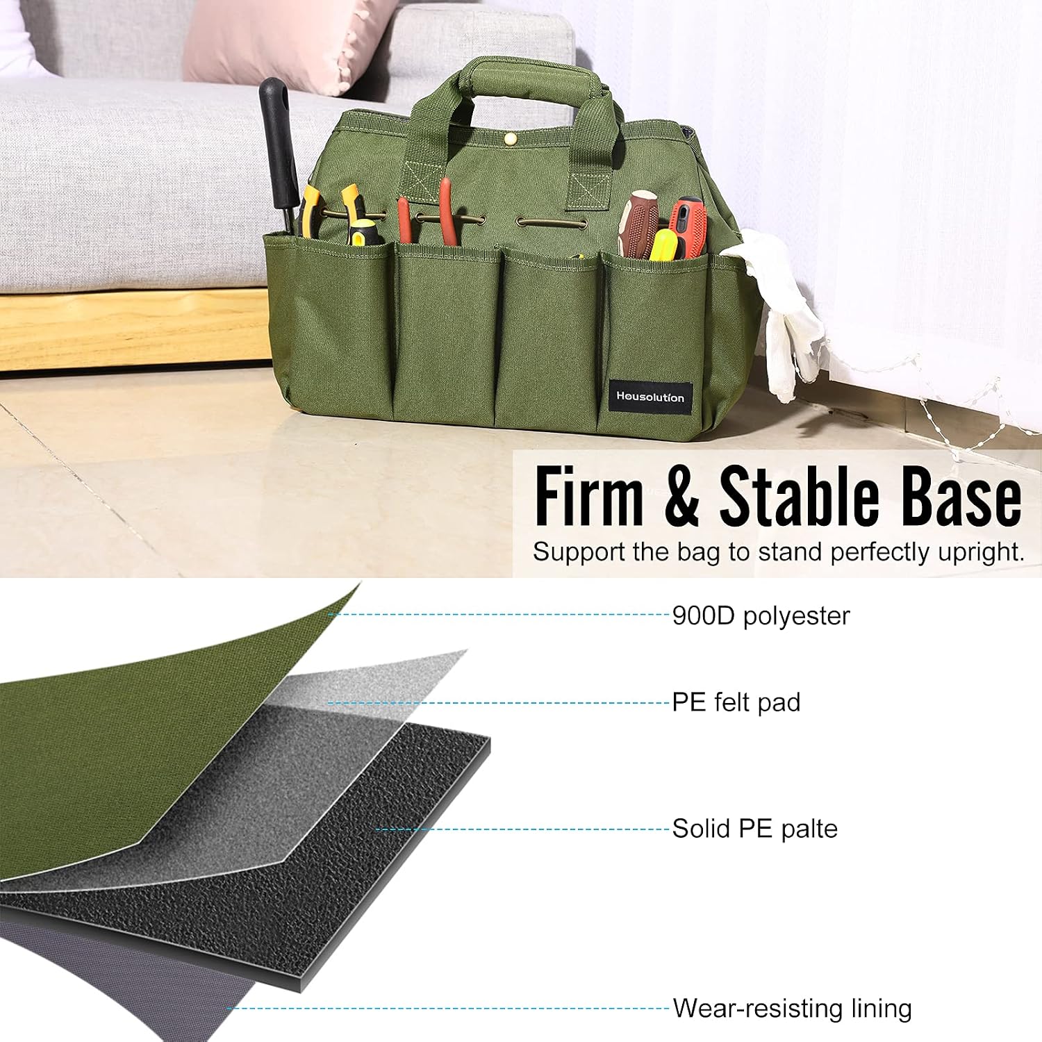 Housolution 14Inch Garden Tote Bag, 900D Standable, Dark green | Garden Tote Storage Bag with Pockets&Long Adjustable