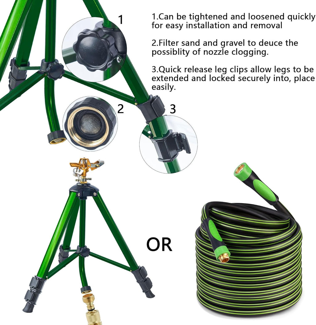 Impact Sprinkler on Tripod Base, Heavy Duty Adjustable Zinc Sprinkler Head for Lawn Yard Garden, 360 Degree Large Area