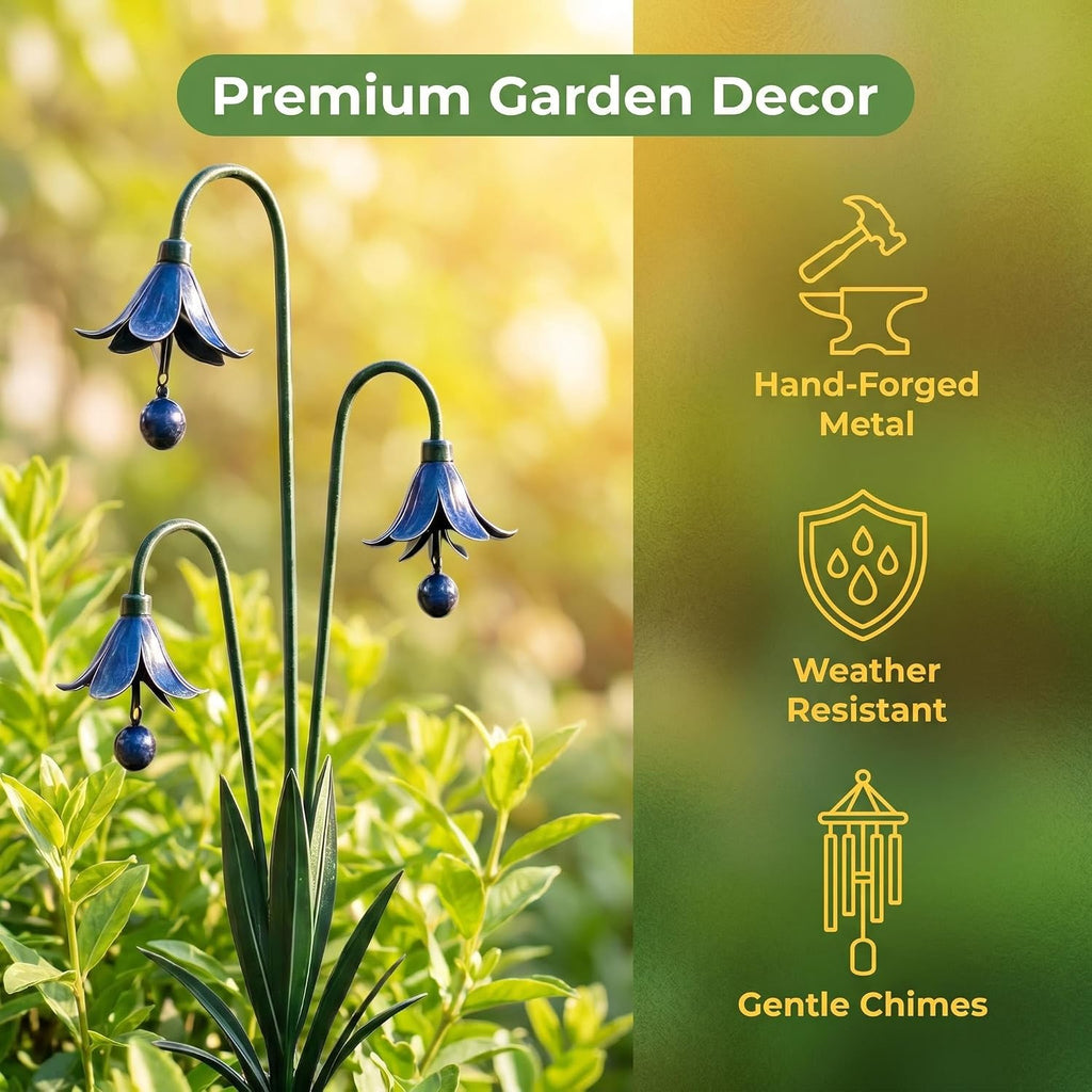 Triple Bluebell Metal Garden Stake with Bells, Handcrafted Yard Decor | Solid metal structure, rust & weather resistant