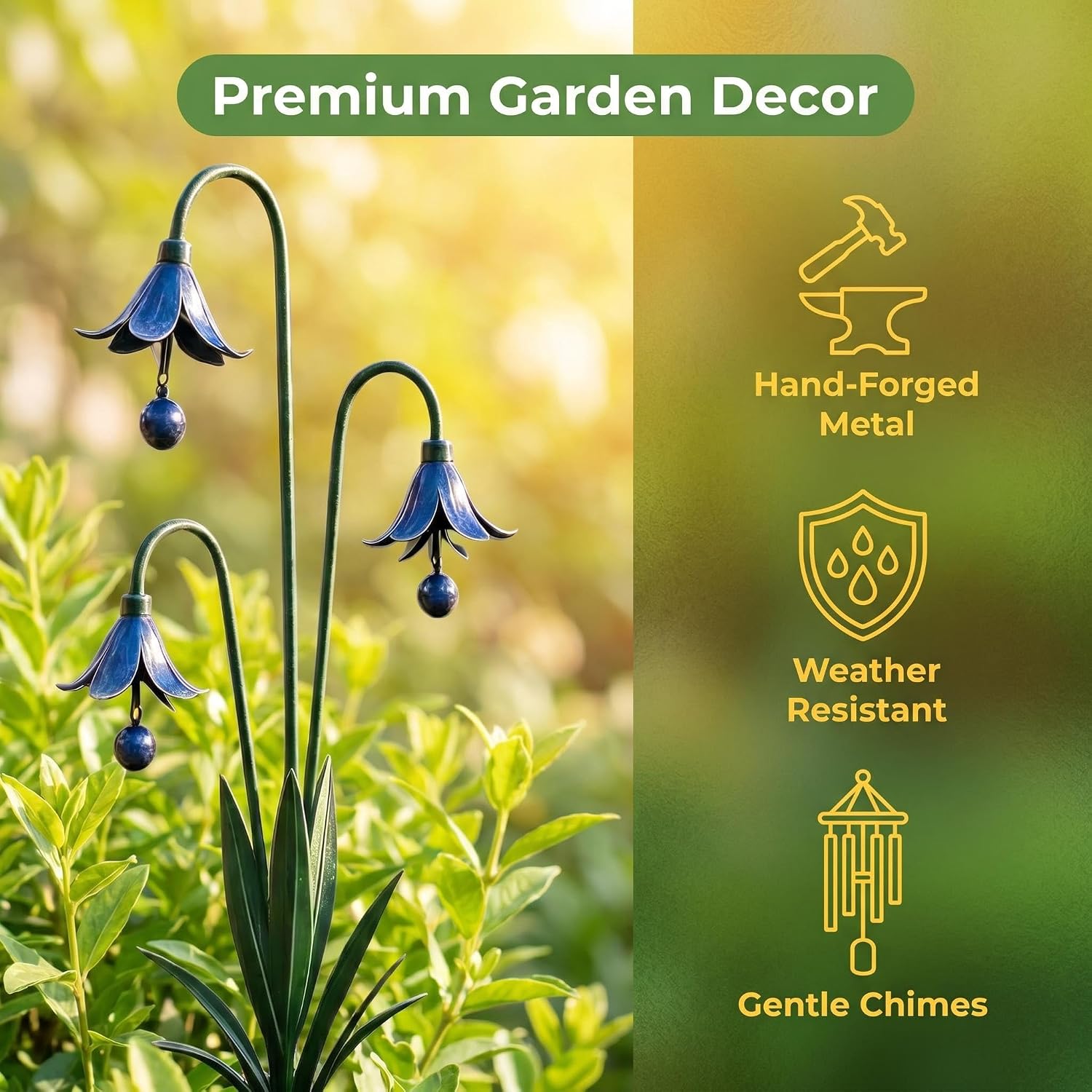 Triple Bluebell Metal Garden Stake with Bells, Handcrafted Yard Decor | Solid metal structure, rust & weather resistant