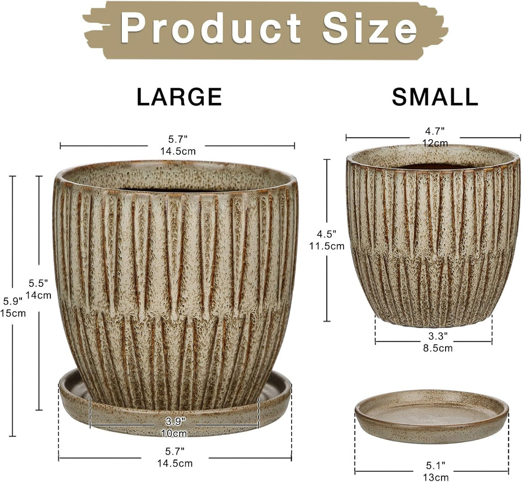 Oairse Ceramic Pots for Indoor Plants, 4.7 +5.7 inch Pots for Plants Set of 2 Brown Plant Pots with Drainage Holes and