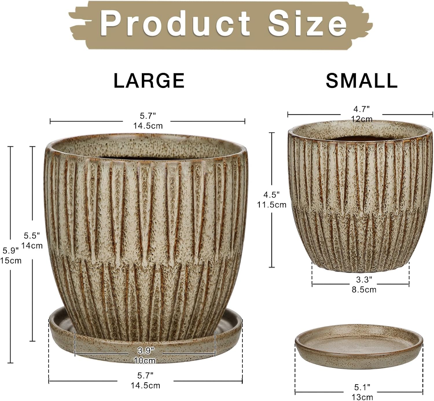 Oairse Ceramic Pots for Indoor Plants, 4.7 +5.7 inch Pots for Plants Set of 2 Brown Plant Pots with Drainage Holes and