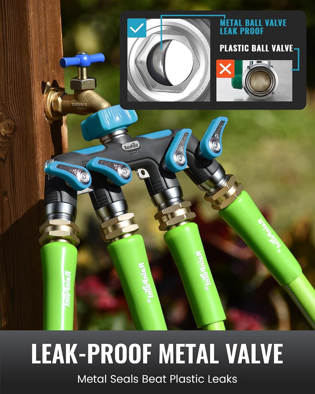 RAINPOINT 4 Way Garden Hose Splitter, 100% Metal Heavy Duty Water Hose Splitter with Individual Shut-Off Valves, 3/4"