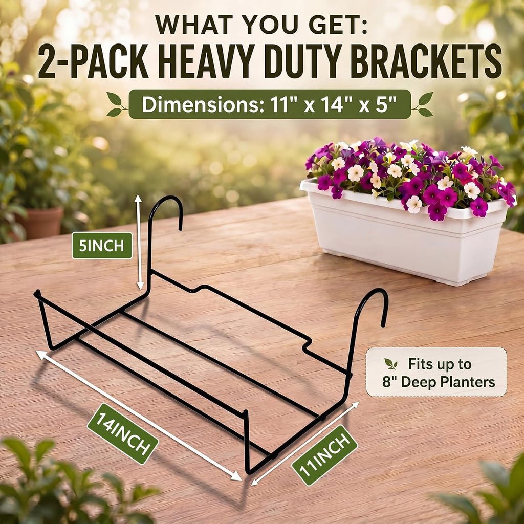 Landhoow 2 Pcs Railing Flower Box Holder, 14in Heavy Duty Metal Hanging Flower Pot Stand, Railing Planter Bracket for