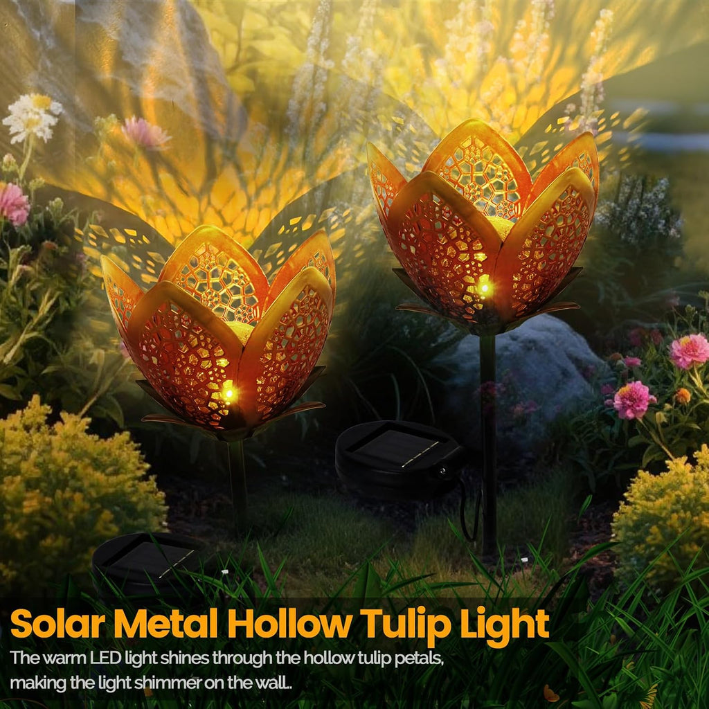 Outdoor Solar Tulip Light, Crackle Globe Glass Metal Flower Decorations Lights for Lawn Ornaments, LED Lotus Hollow