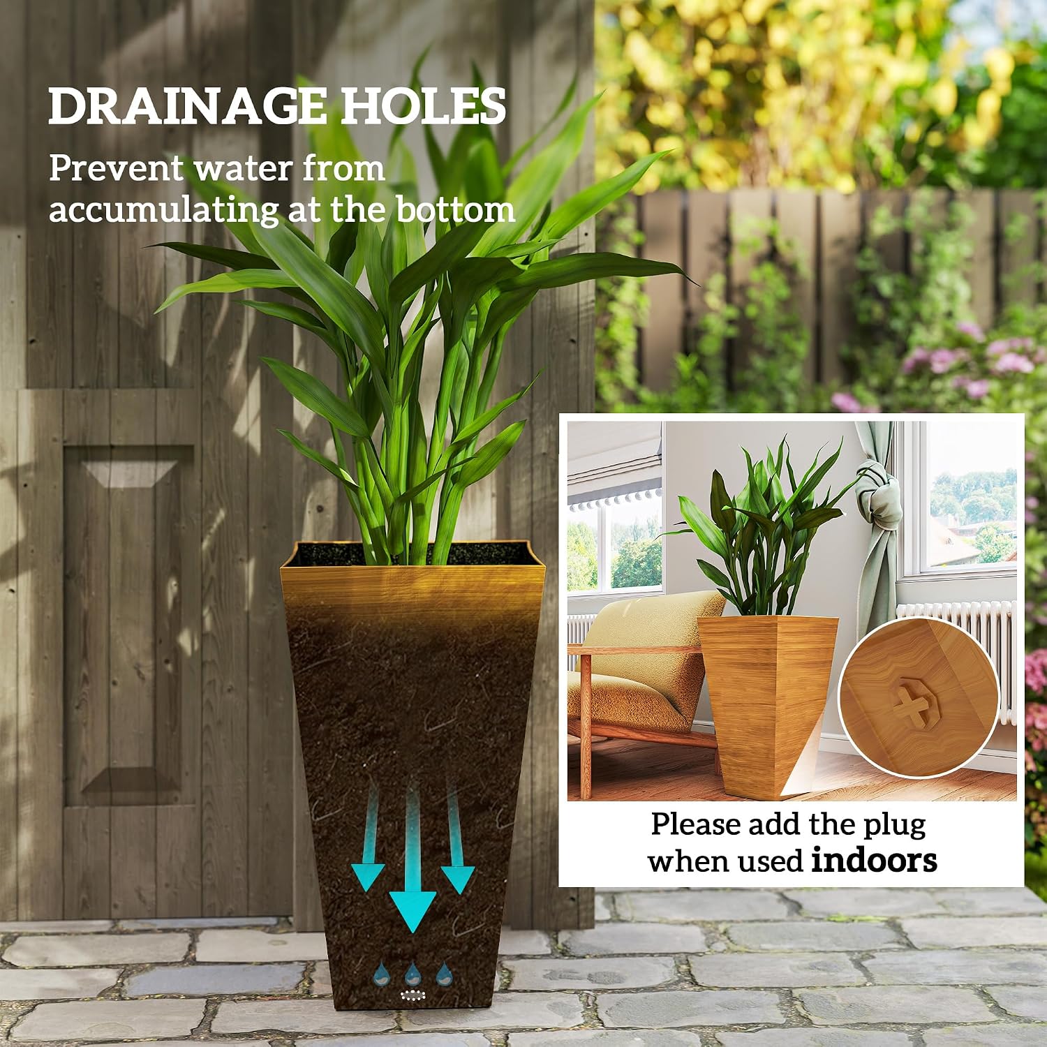 Outsunny 28 Inch Tall Planter for Outdoor Plants Set of 3, Light Brown | Taper Planter, Drainage Holes, Wood Grain