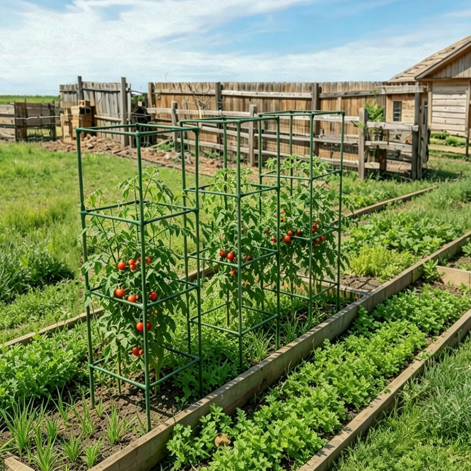 60 Inch 4 Pack Heavy Duty Tomato Cages with Clips | Square Tomato Trellis for Raised Garden Bed, Adjustable Plant