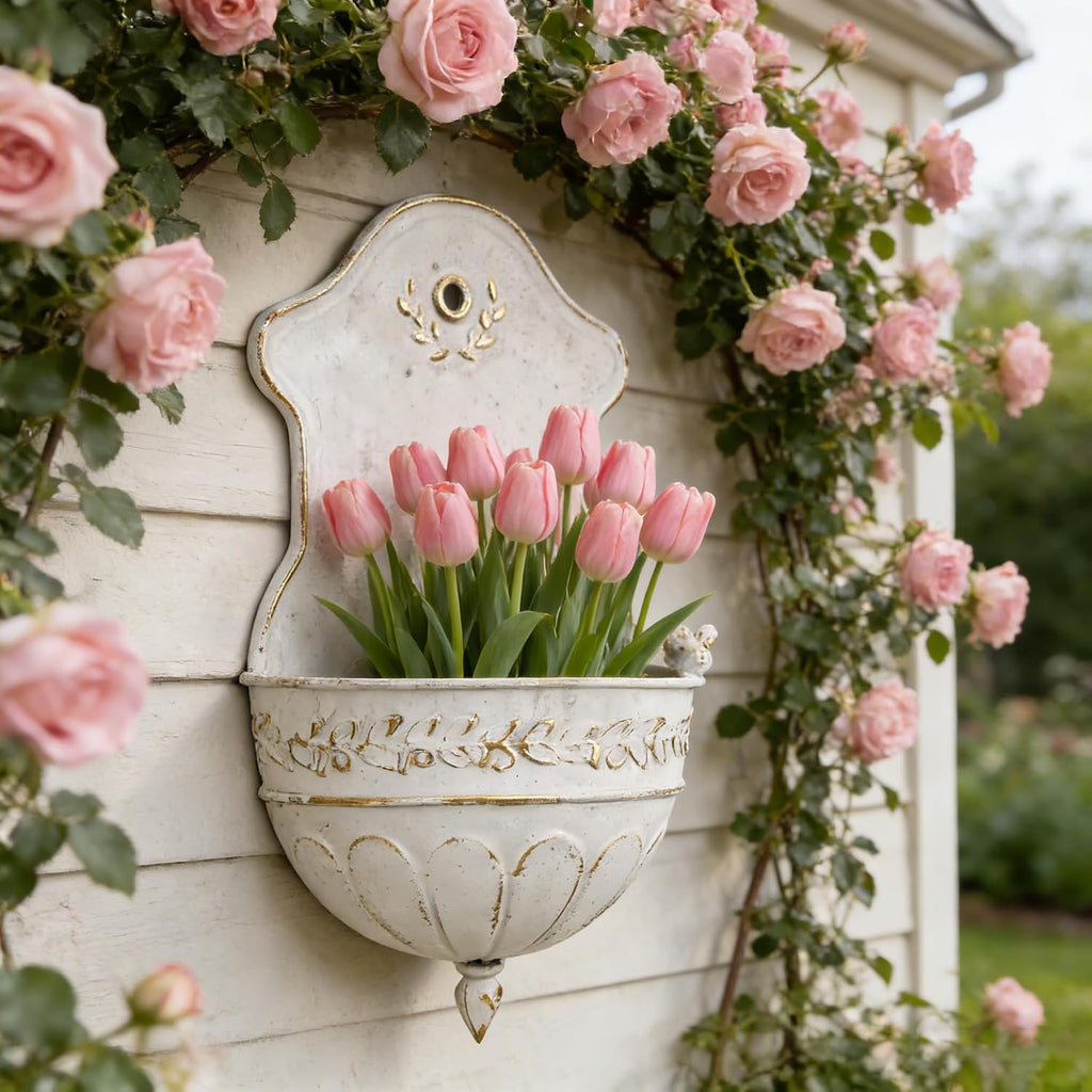 Vintage Distressed White Metal Wall Planter, Rustic Hanging Pocket Planter with Scrollwork & Scalloped Design
