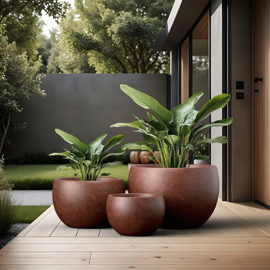 Kante Set of 3 Rusty Concrete Bowl Planters 19.9" 15.7" 11.8" Dia | Drainage for Outdoor, Rubber Plug for Indoor Home